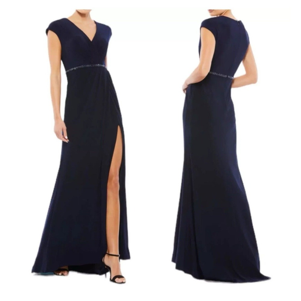 Mac Duggal Crystal Belt Jersey Gown in Navy Maxi Dress Size 12 67850